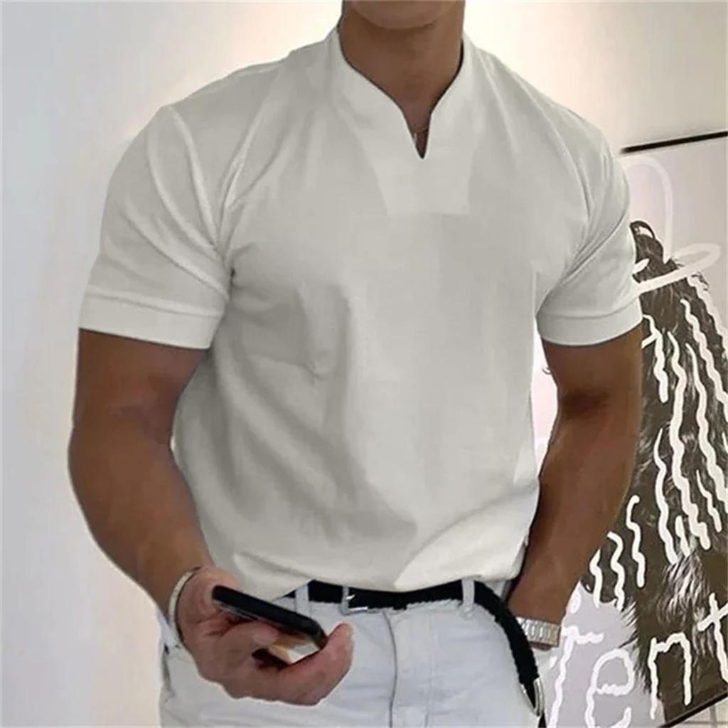 Men's Casual Solid Color V-Neck Gentleman's Business Short Sleeve Fitness T-Shirt