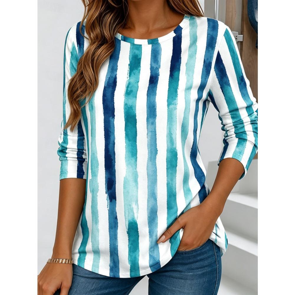 Women's Long Sleeve Crew Neck Watercolor Streak Print Casual T-Shirt, Regular Tops for Spring Summer Daily Weekend Wear