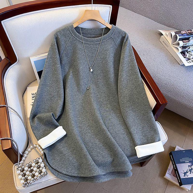 Plus Size Velvet Patchwork Long Sleeve Top: Korean Style Color Block, Slimming, Warm Base Layer for Autumn/Winter