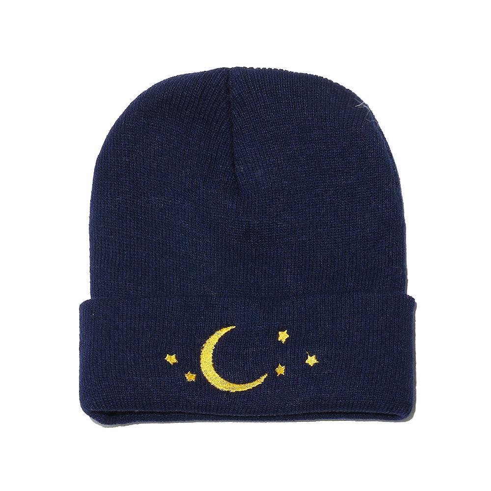 Beanie Trendy Versatile Wool Hat Beanie Star Moon Embroidery Knitted Hat Pullover Hat Men and Women