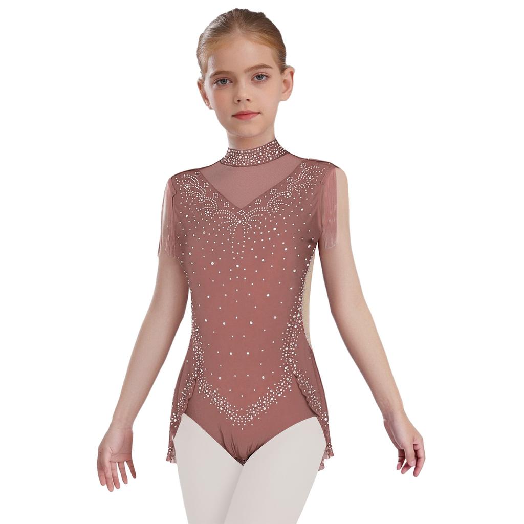 Girls Dance Costume - Shiny Rhinestone Leotard with Sheer Mesh, Invisible Back Zipper & Attached Tassel Skirt