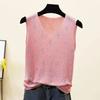 Women's Shiny Silk V-Neck Sleeveless Vest New Spring/Summer Style with Loose Fit and Diamond Accents