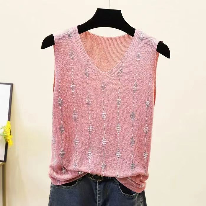 Women's Shiny Silk V-Neck Sleeveless Vest New Spring/Summer Style with Loose Fit and Diamond Accents