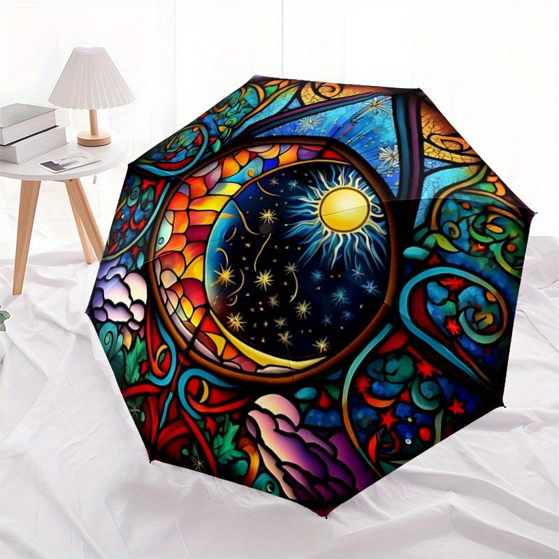 1pc Stained Glass Window Folding Umbrella With Excellent UV Protection, 8 Ribs Casual Durable Lightweight Portable Travelling Umbrella For M