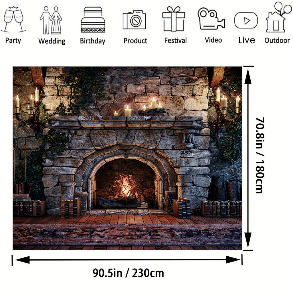 1 mysterious room background - vibrant flames and fireplace photography background with magical books and candle designs