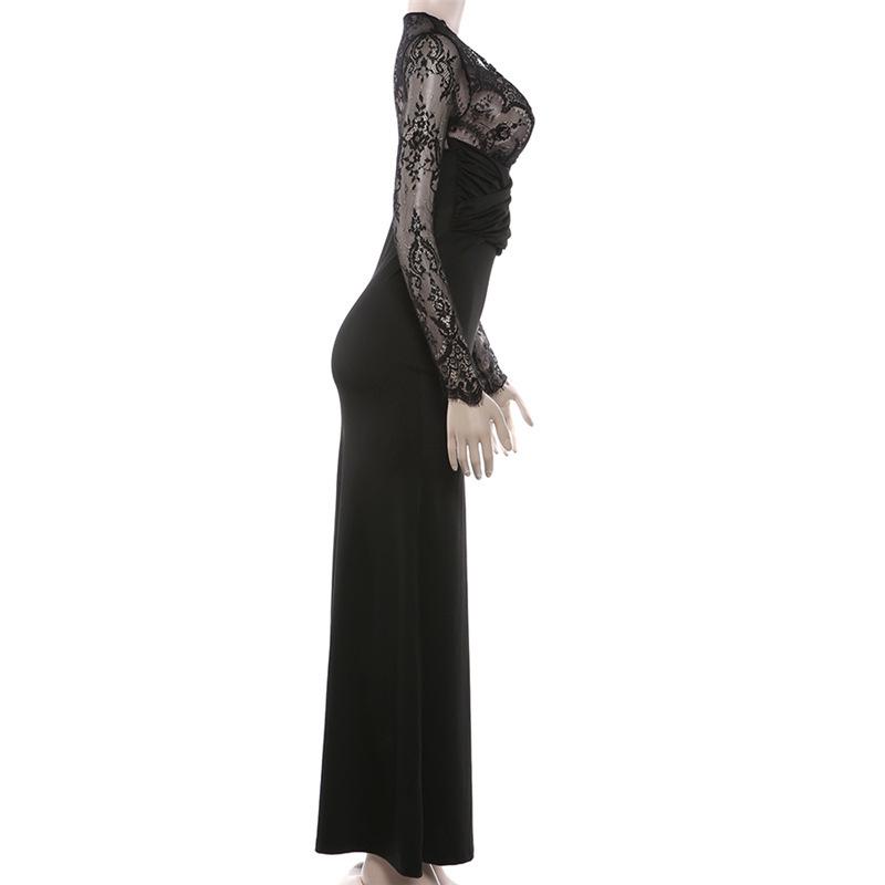 2026 Spring Elegant European-Style Lace Patchwork Deep V-Neck Slim Fit Long Sleeve Dress for Women