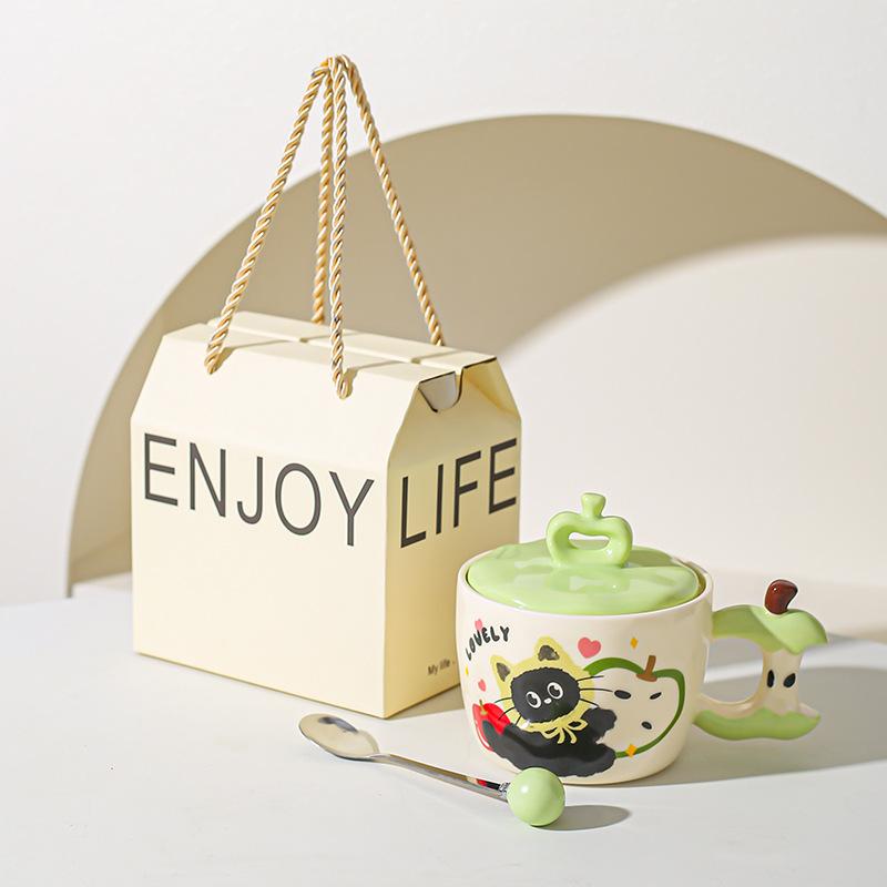 Creative Apple Cat Mug with Lid High Pretty Couple Ceramic Cup Souvenir Gift Cup for Best Friends Breakfast Cup