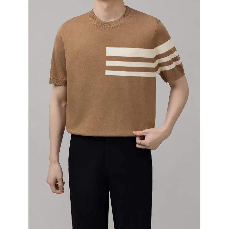 

Summer Color-Block Design Round Neck Knitted Short Sleeve T-Shirt for Men Korean Style Slim Fit Breathable Tee M зелений