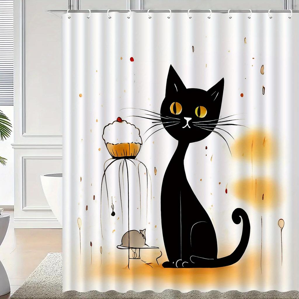 Black Cat & Cupcake Shower Curtain, Polyester, Machine Washable with Hooks, Artistic Bath Decor