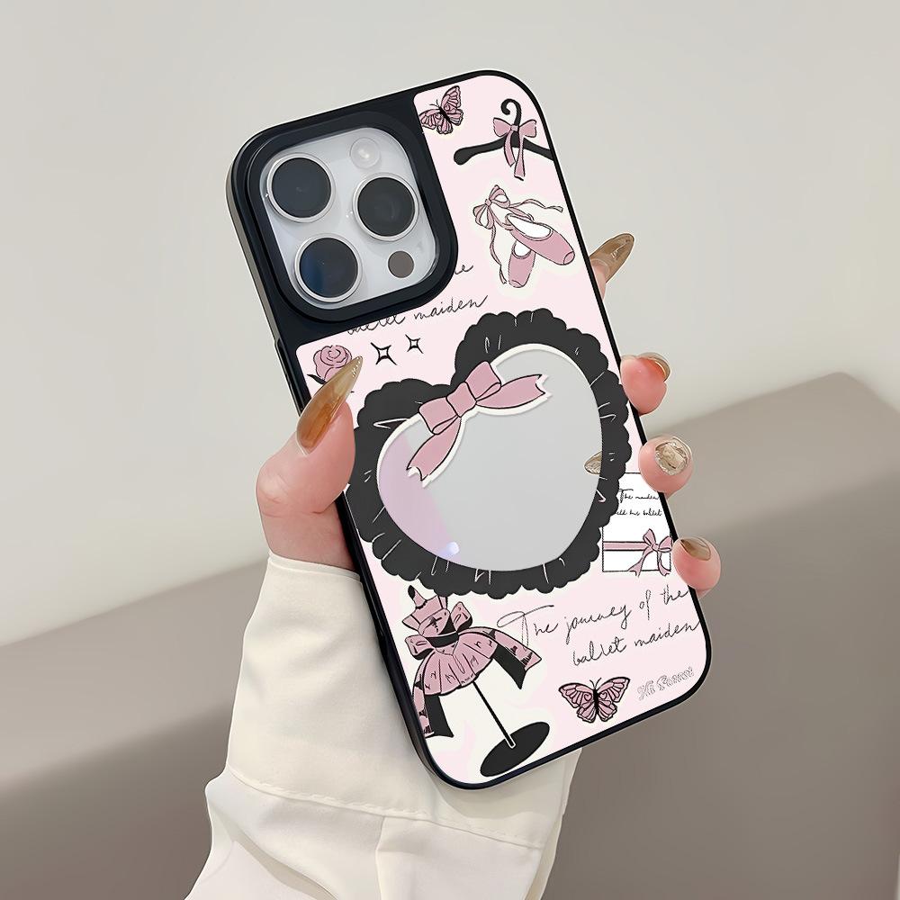 Applicable To Apple 17ProMax Korean Style High-value Illustration Mirror Black Frame Mobile Phone Case 15 All-inclusive 13/14 Niche