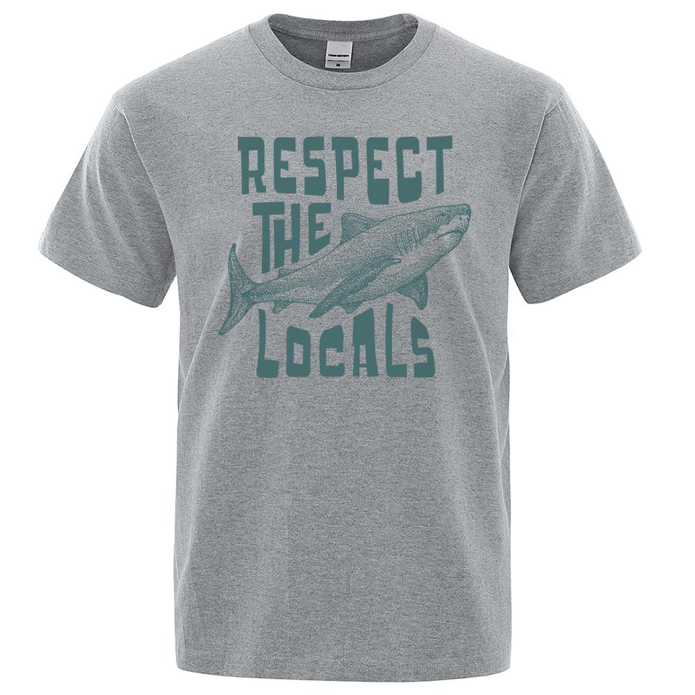 Respect The Locals Shark Personality Print Men T-Shirts Cotton Oversized Short Sleeve Shirt Loose T-Shirt Tops