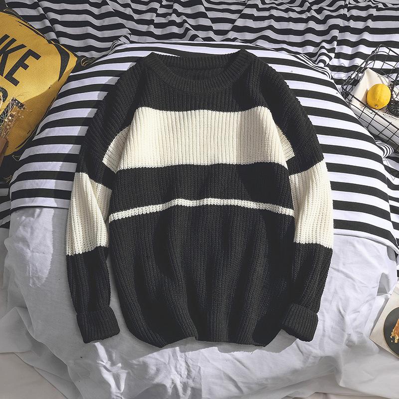 

Свитер мужской круглый вырез новый гонконгский стиль полосатый свободный корейский повседневный вязаный свитер рукав летучая мышь пуловер 3XL чёрный