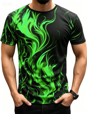 Fashionable Men's Trendy Short Sleeved Flame Series 3D Printed Street T-shirt Round Neck Casual Top