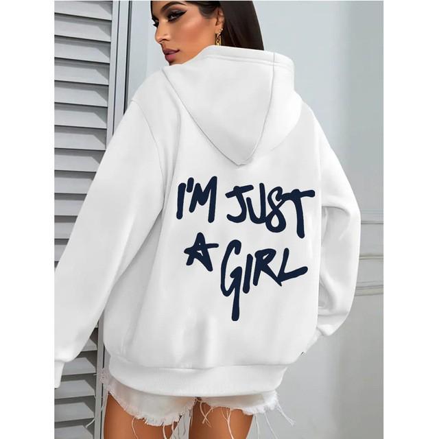 European Size Women's Casual Pocket Hoodie with 'I'm Just a Girl' Print for Autumn/Winter