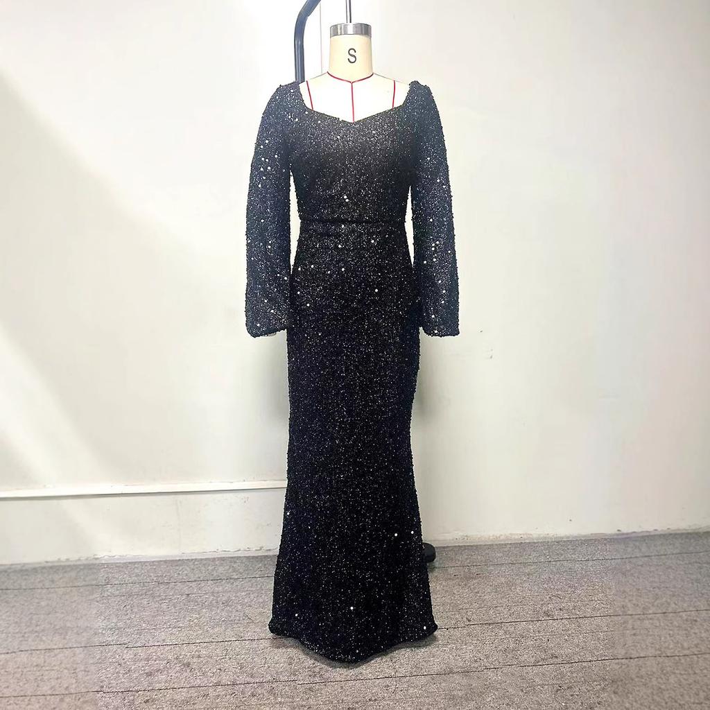 European and American spring and summer new fashion V-neck hip wrap sequins European and American dresses mid-waist horn sleeves long evening dresses