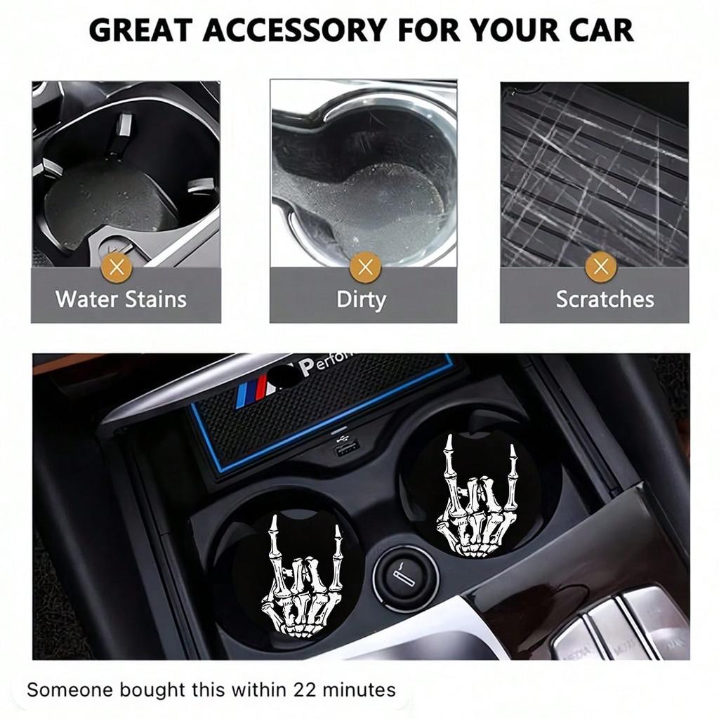 Rock Skull Grip Pattern Car Coasters, Car Non-Slip Coasters, Car Interior Personalized Coasters