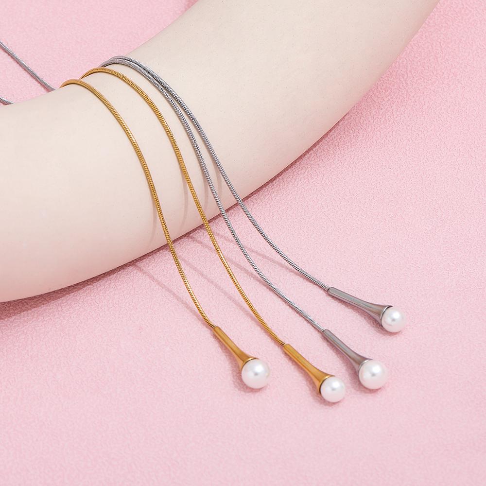 Fenny 18K Gold Plated Long Freshwater Pearl Pendant Sweater Chain Necklace Trend for Women Stainless Steel Jewelry