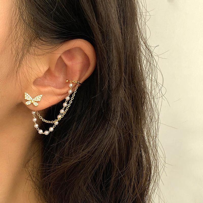 Korean Elegant  Butterfly Stud Earring With Metal Chain For Women Girl