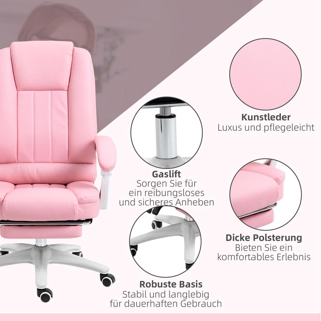 Office Chair with Footrest, Adjustable Backrest, Height-Adjustable, 5 Casters, Pink + White