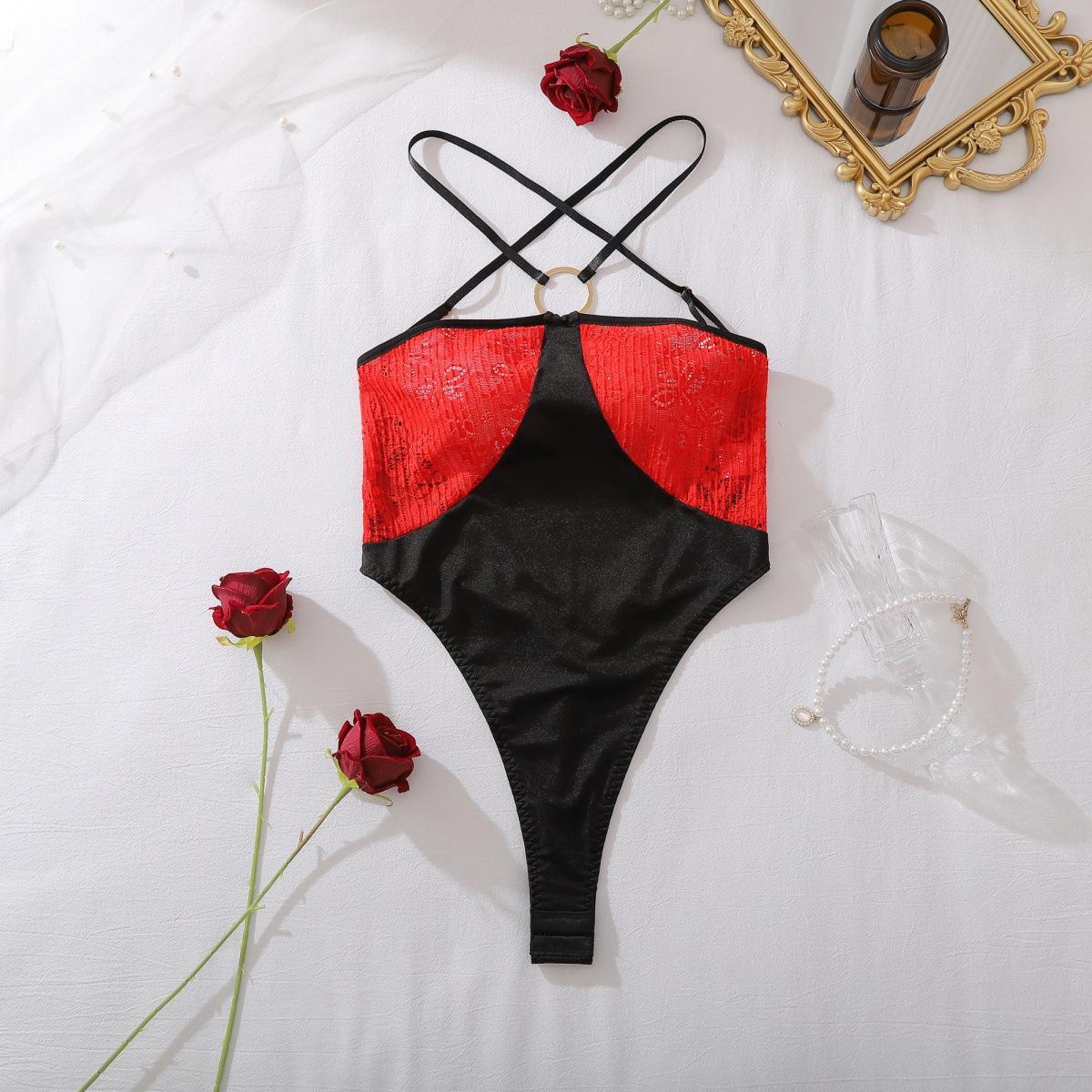 Women Colorblock Cross Halter Cutout Lace Splicing Shaping Bodysuit S чёрный