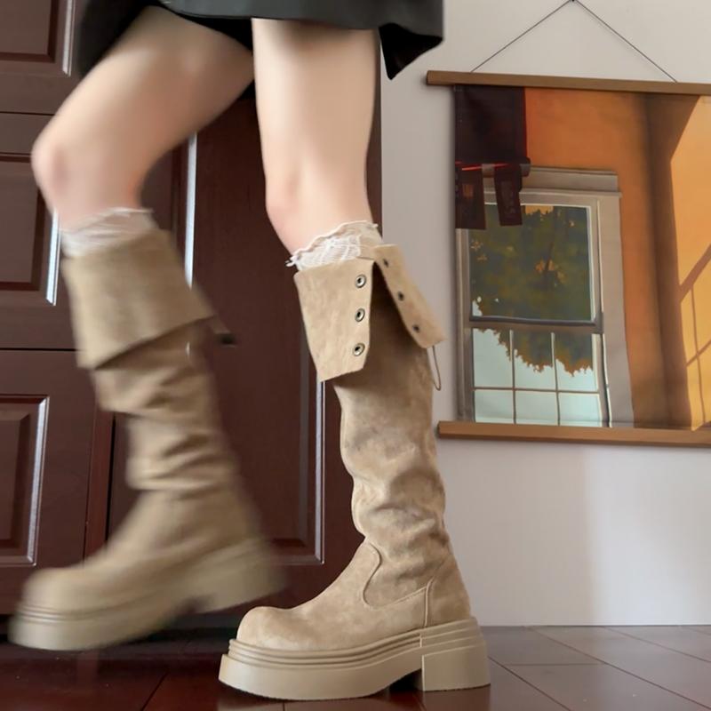 Fashion Vintage Platform Women Over The Knee High Boots Fashion Double Fold Wearing Mordern Long Botas Para Mujer