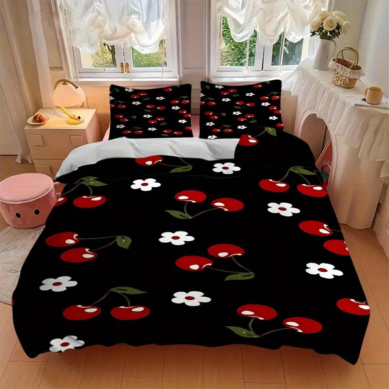 3pcs Cherries Blossoms 1Cover + 2Pillowcases, PillowInserts NotIncluded, Machine Washable, All - Season Use, Suitable for Bedroom Guest Room56