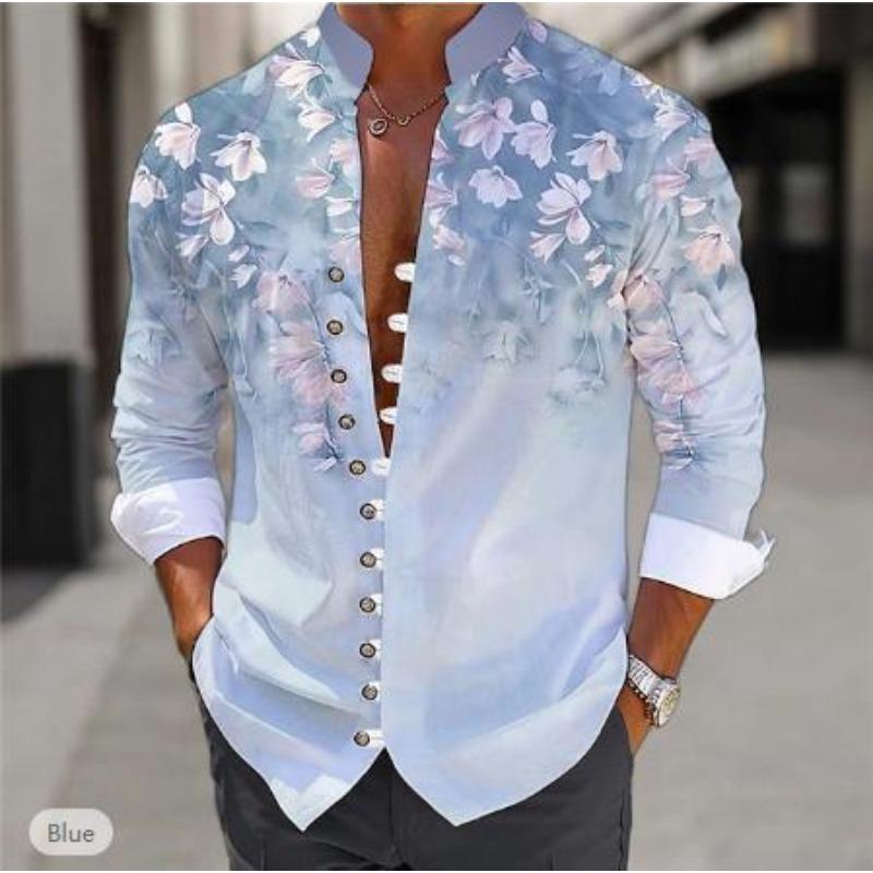 Camicia da uomo a maniche lunghe per primavera estate Stampa Paisley Sfumata Collo alla coreana Bottoni