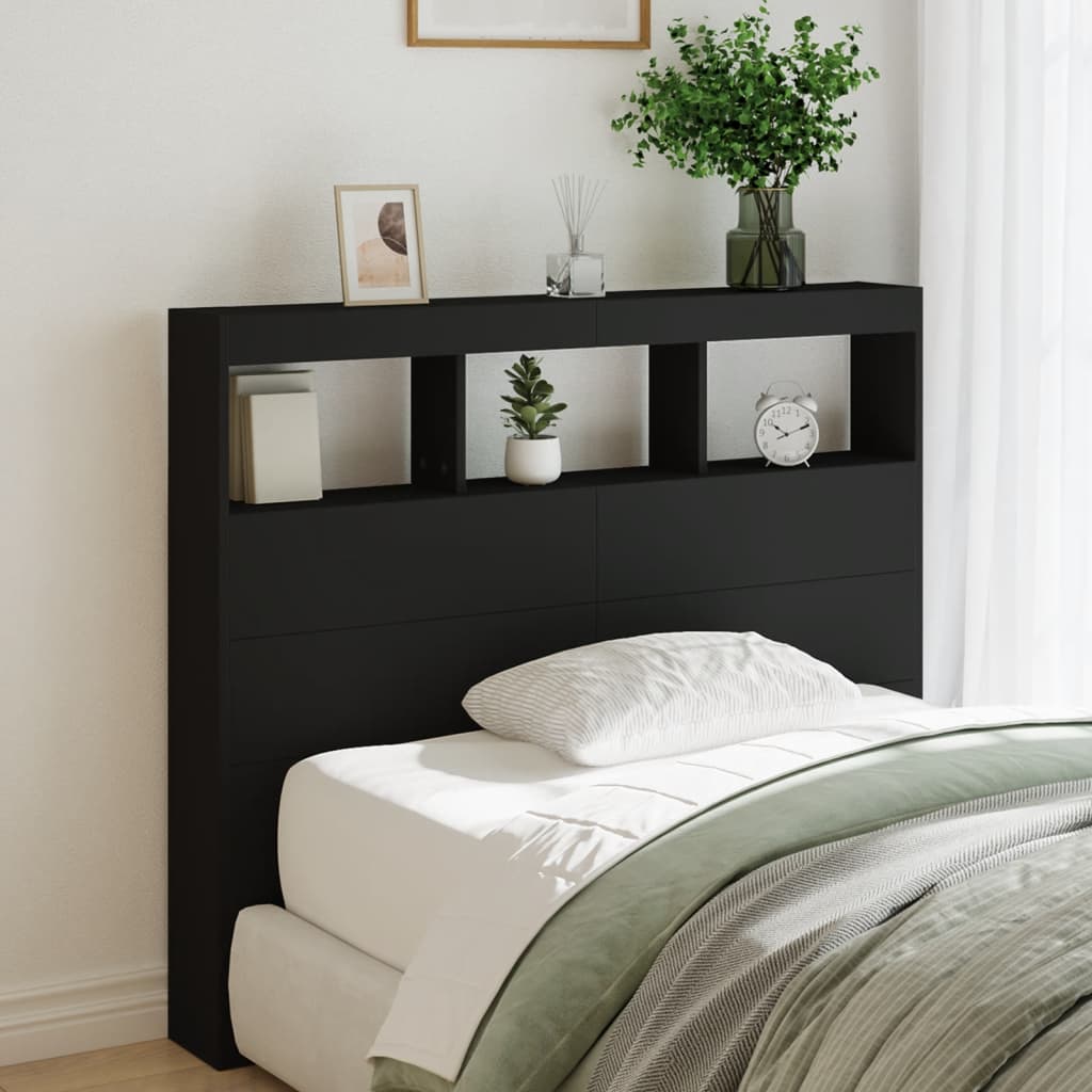 LED Headboard with Shelves Black 120 x 17 x 102 cm