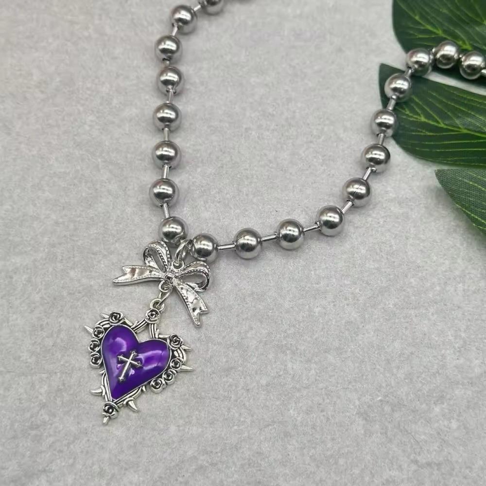 Y2k Subcultuur Zilverkleurig Strikje Rode Druipglazuur Doornig Hart Hanger Kralenketting Ketting voor Vrouwen Mannen Gotische Charm Sieraden