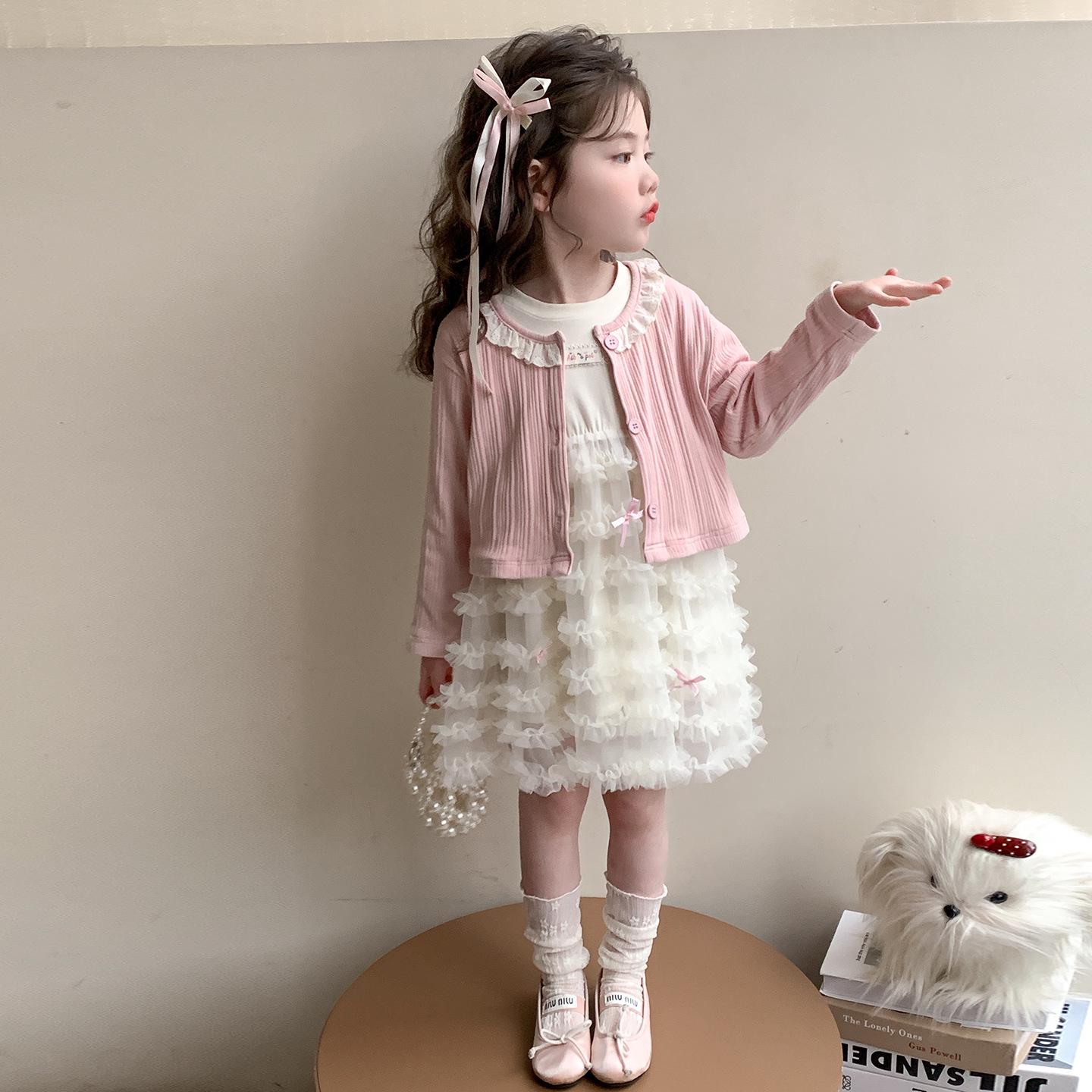 

Meng Tang Tang 2026 Spring Girls Lace Jacket & Mesh Skirt Two-Piece Set - Princess Style Fashion. 120 cm