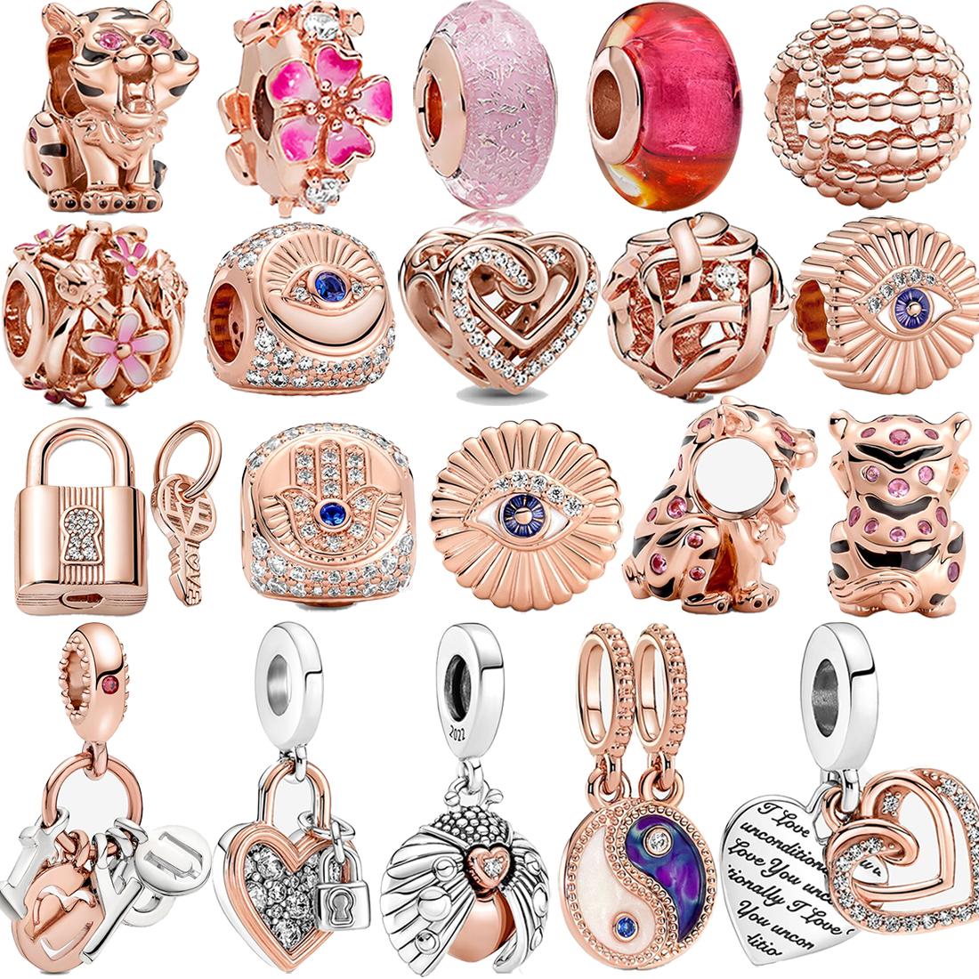 

Authentic 925 Sterling Silver Rose Gold Pine Cone Feather Flower Dangle Charm Fit Fashion 3mm Bracelet for Girl Gift Diy Jewelry