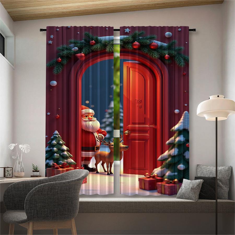 Stylish Set Of 2 Christmas Santa Claus Tree Pattern Printed Curtains Decorations Home Room Curtain Polyester