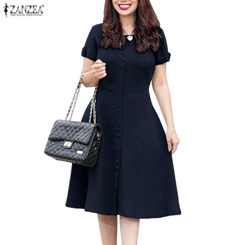 ZANZEA Women Casual Round Neck Summer Short Sleeve Dress