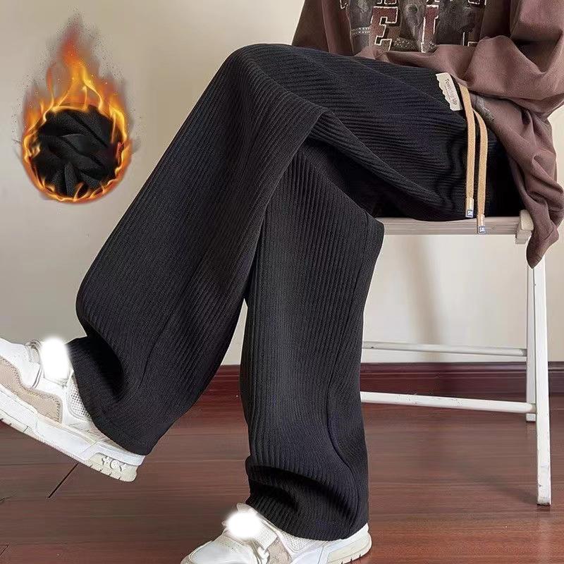 Men's Autumn Winter Fleece-Lined Corduroy Pants Oversized Sporty Bell Bottoms Thickened Straight-Leg Pants Casual Style