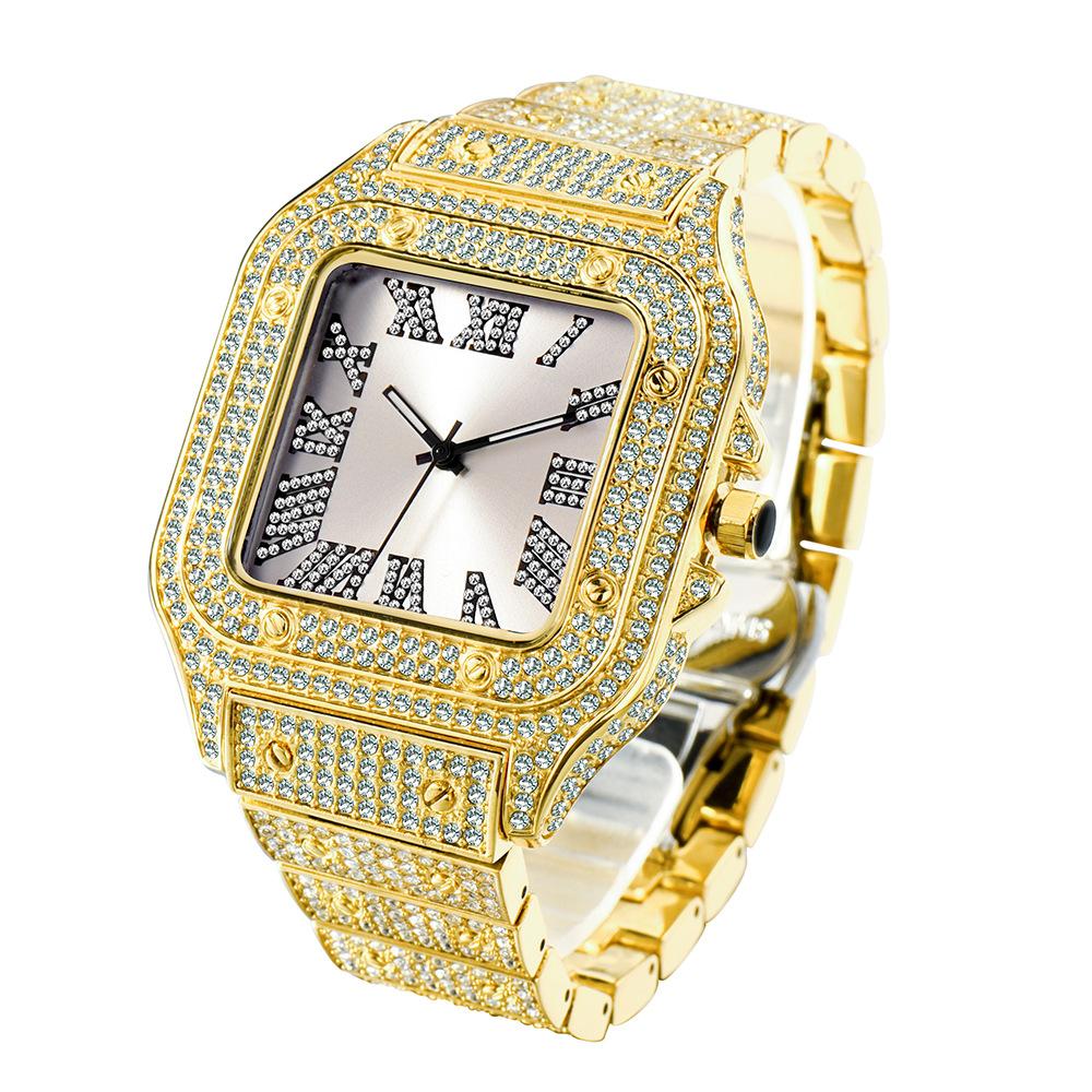 MISSFOX Luxury Diamond Watches for Men Hip Hop Style Bling Bling Iced Out Wristwatch Fashion Square Stainless Steel Waterproof Clock