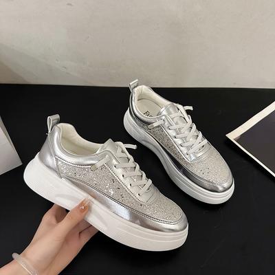 Women's Spring New Versatile Board Shoes Breathable Thick Bottom Round Head Soft Bottom Sneaker Bright Face Casual Shoes 36-40