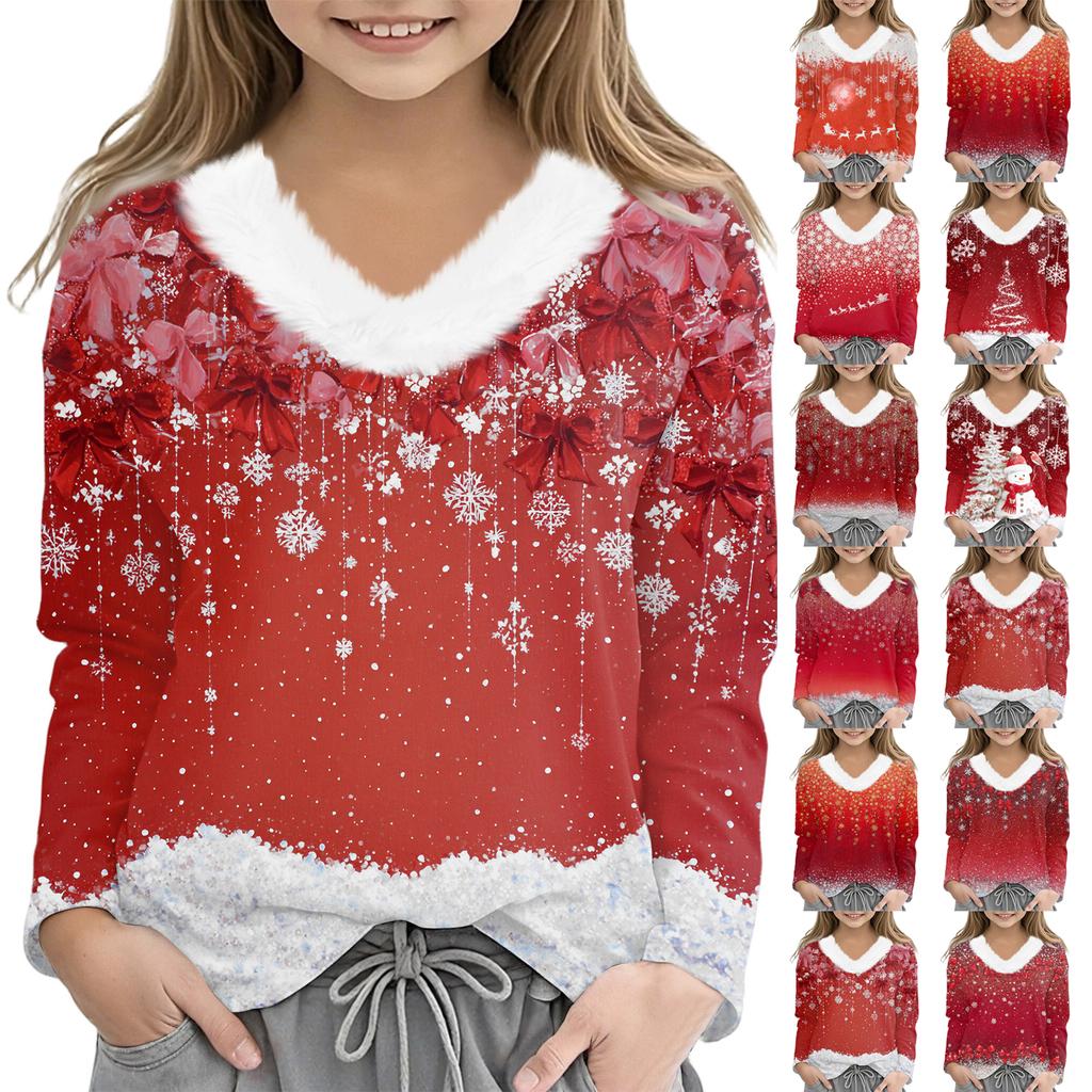 Christmas Day Girls Long Sleeve T Shirts Kids Girls' V-Neck Tee Christmas Print Long Sleeve Top