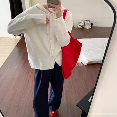 New Drawstring Hooded Single-breasted Hollow Design Sense Loose Soft Waxy Casual Jacket Cardigan Women