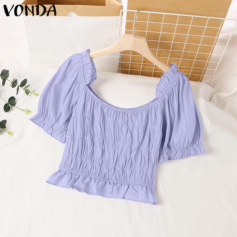 

VONDA Тонкие Женщины Лето Короткий Пышный Рукав Кроп Топы Мода Квадратный Воротник Блузка Футболки Плюс Размер
