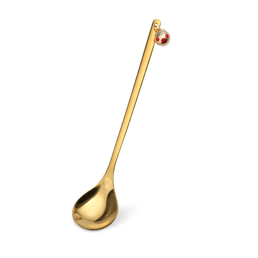 HANYANG Tableware Stainless Steel Spoon God of Fortune Lion Dance Gold Dessert Spoon Fortune Cat Fruit Fork