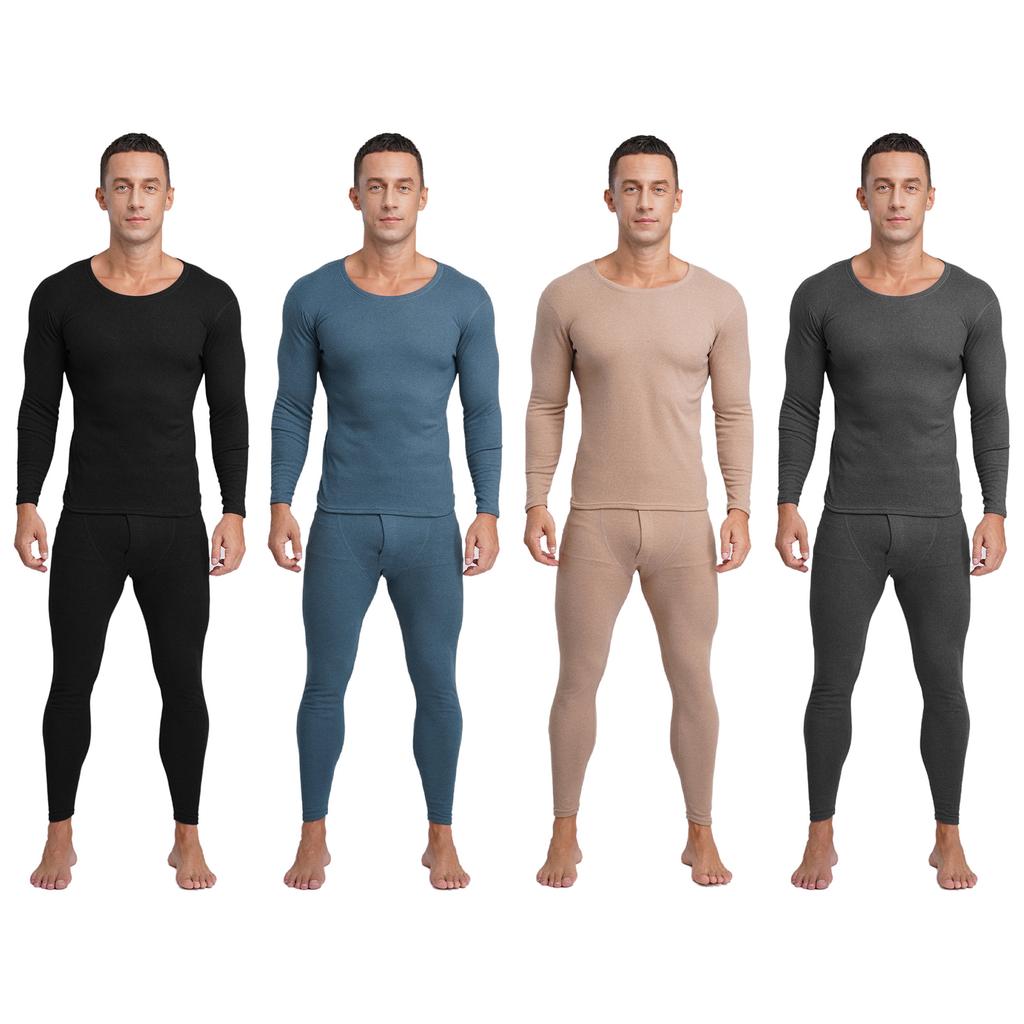 Mens Long Sleeve Round Neck Thermal Underwear Warm Base Layer Soft Breathable Tops Bottom Set Winter Cold Weather Wear