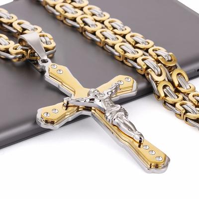 Christian Jesus Cross Kristallhänge Halsband Tjocklänk Bysantinsk kedja Rostfritt stål Män Smycken Collar Present 21,65" MN79