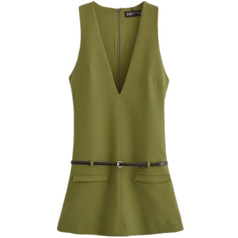 

Fashion Style 2024 Autumn New Women s Clothing Versatile Belt Sleeveless V-neck Short Dress 8629777 Green L