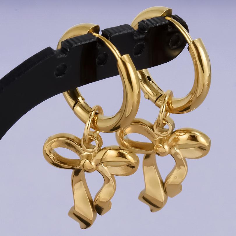 Real Gold Plated Fashion Kpop Piercing Jewelry Girl Bowknot Flower Heart Pendant Earring Stainless Steel Hoop Earrings For Women
