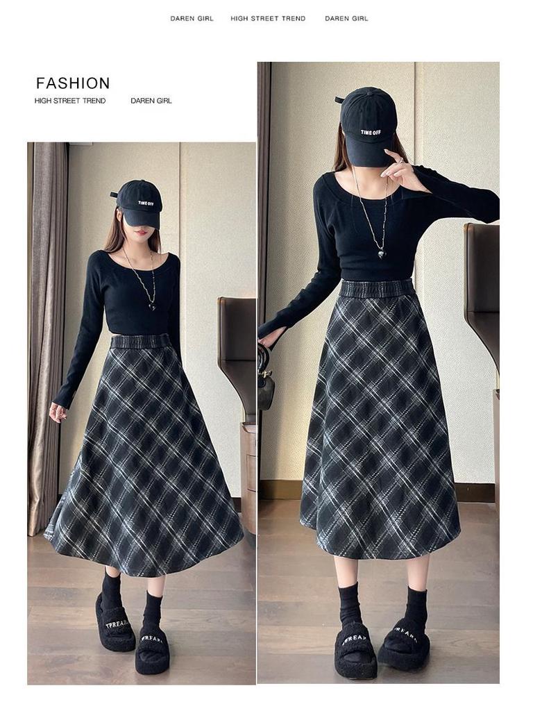 New Autumn/Winter Plus-Size Plaid Wool A-Line Midi Skirt for Women with Slimming Wide Hem