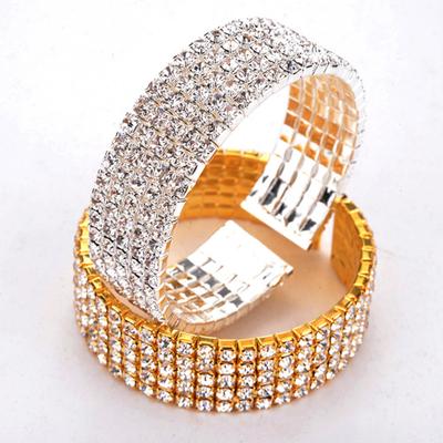 Women's 5 Rows Clear Rhinestone Wide Bracelet Cuff Open Bangle Bridal Jewelry