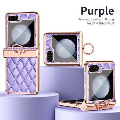 Electroplated Ring PU Leather Phone Case for Samsung Galaxy Z Flip 6 5 4 3 Flip6 Flip5 Flip4 Flip3 5G Shockproof  Holder  Cover