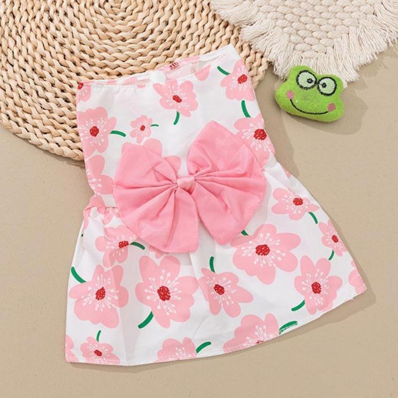 Spring Summer Pet Flower Print Skirt with Bowknot Decors Outdoor Walking Dogs Rabbit Universal Dress Lightweight