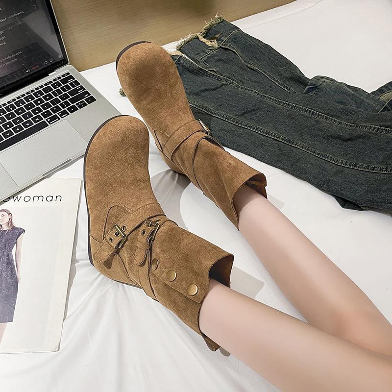 Frosted leather two-wear medium tube short boots Western cowboy fashion boots Women's autumn and winter retro simple and comfortable flat-bottome