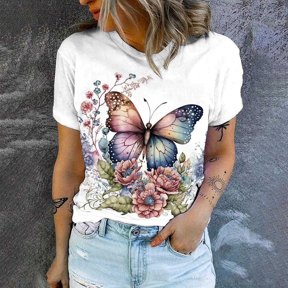 

Жіноча футболка з круглим вирізом 2024 Популярна футболка Мода Принт з візерунком метелика Жіноча елегантна повсякденна футболка з коротким рукавом 5XL